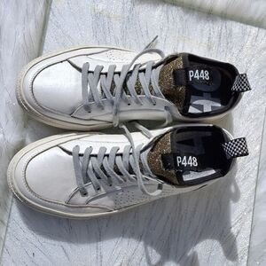 P448 You Can Surf Later White Leather Gold Glitter Tongue Sneakers Women Size 9
